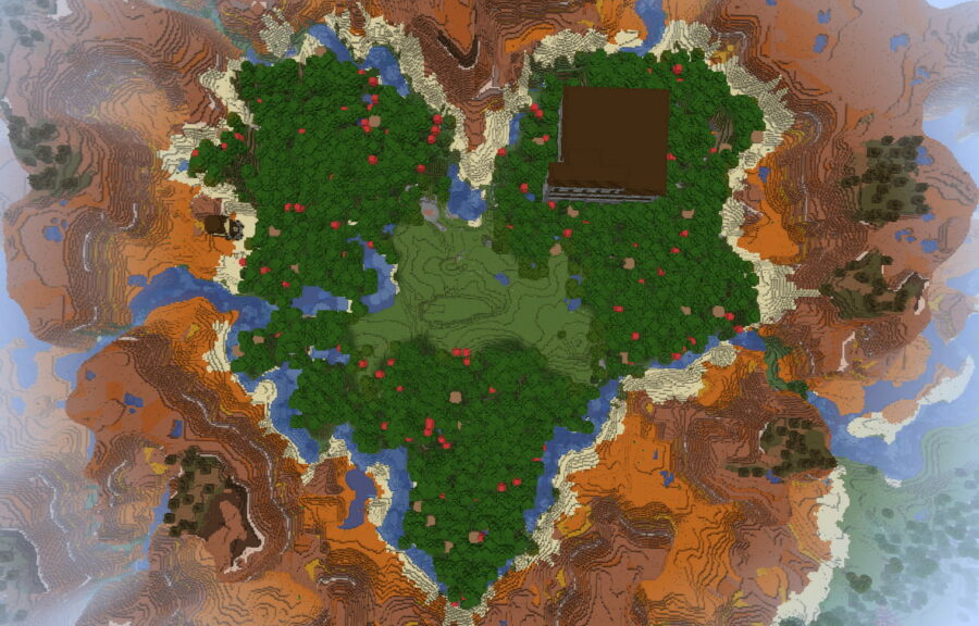 Minecraft'ta kalp şeklinde bir ormanda bir konak.