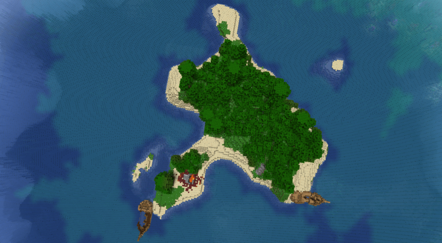 Minecraft'ta iki gemi enkazı olan bir ada.