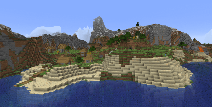 Minecraft'ta bir sahilde bir köy.
